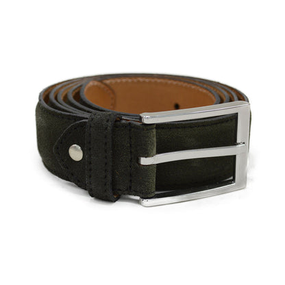 A green suede leather belt with a silver chrome buckle, displayed on a white background.