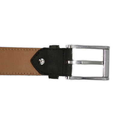 A green suede leather belt with a silver chrome buckle, displayed on a white background.
