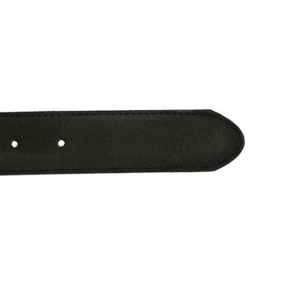 A green suede leather belt with a silver chrome buckle, displayed on a white background.