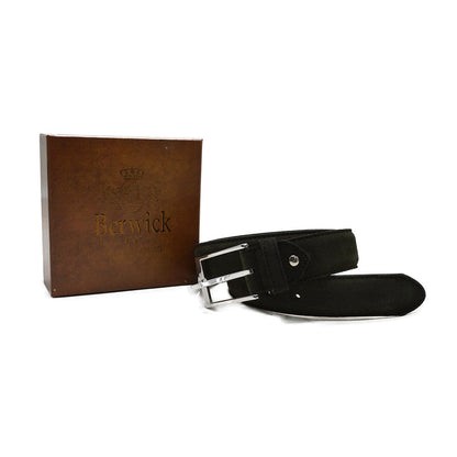 A green suede leather belt with a silver chrome buckle, displayed on a white background.