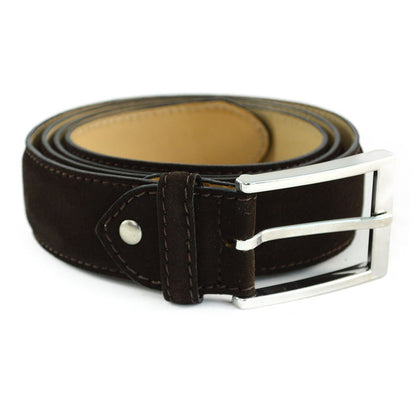 A brown suede leather belt with a silver chrome buckle, displayed on a white background.