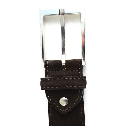 A brown suede leather belt with a silver chrome buckle, displayed on a white background.