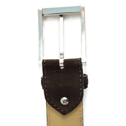 A brown suede leather belt with a silver chrome buckle, displayed on a white background.