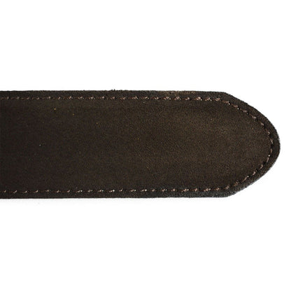 A brown suede leather belt with a silver chrome buckle, displayed on a white background.