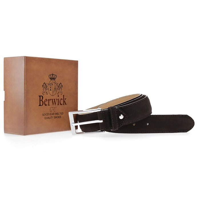 A brown suede leather belt with a silver chrome buckle, displayed on a white background.