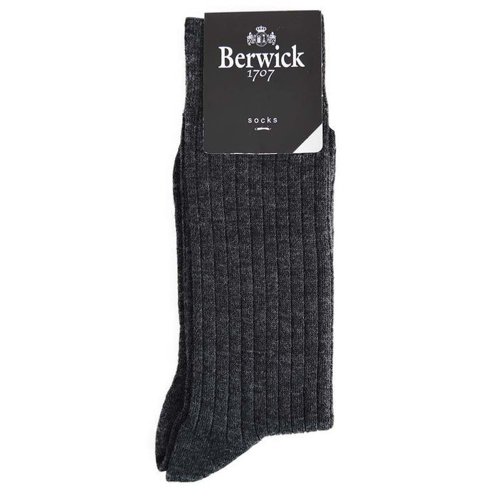 A pair of grey ribbed socks with the Berwick 1707 brand tag visible.