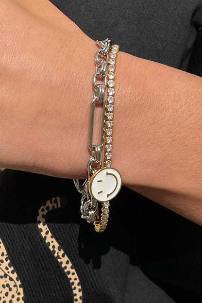 Silver Bespoke Chain Bracelet with chunky links and T-bar closure, stacked on a model's wrist.