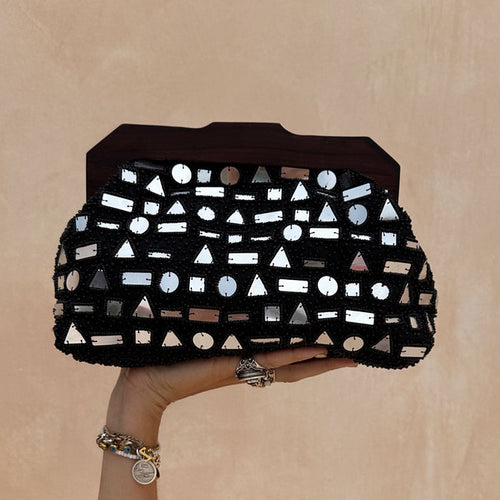 Black Beaded Mirror Bag with silver geometric mirror shards and a dark wooden handle for a statement party look.