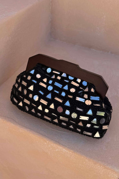 Black Beaded Mirror Bag featuring geometric silver mirror embellishments and a dark wooden handle.