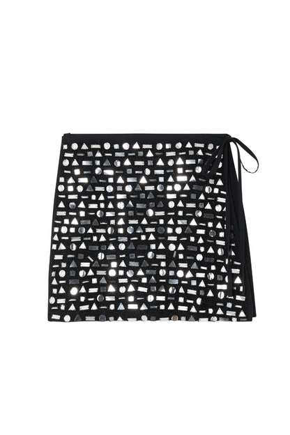 Black Beaded Mirror Wrap Mini Skirt featuring silver geometric glass beads and a side tie fastening.