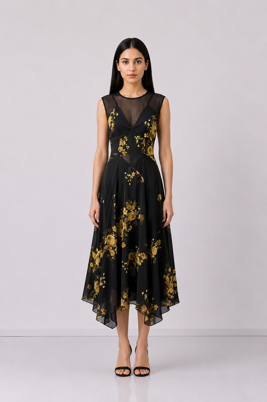 Black Floral Mesh Midi Dress - Midnight