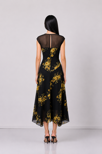 Black Floral Mesh Midi Dress - Midnight
