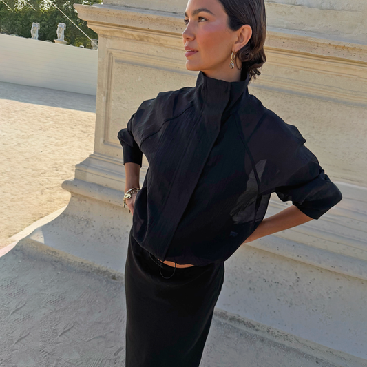 Black Organza Funnel Neck Jacket