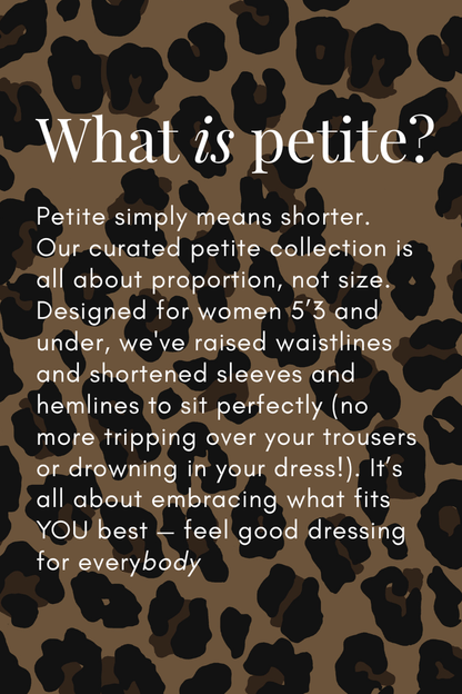 Petite collection guide for women 5'3 and under, shown on a signature brown leopard print background.