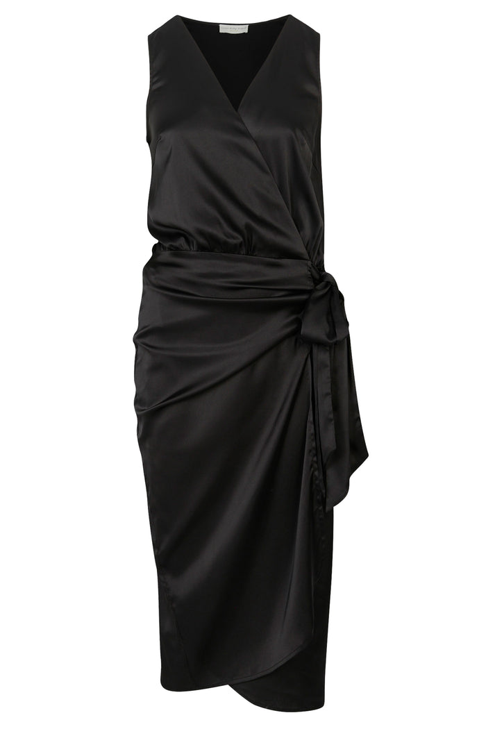 Black satin sleeveless Vienna midaxi wrap dress featuring a V-neck and side tie.