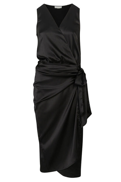 Black satin sleeveless Vienna midaxi wrap dress featuring a V-neck and side tie.