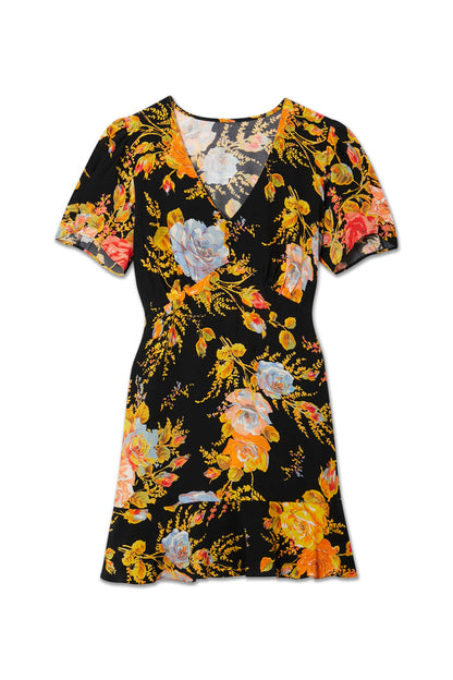Black Sofia Mini Tea Dress featuring a bold yellow and orange floral print, V-neckline and frilled hem.