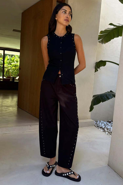 Black Studded Barrel Jeans with silver stud detailing along the sides and a curved barrel leg fit.
