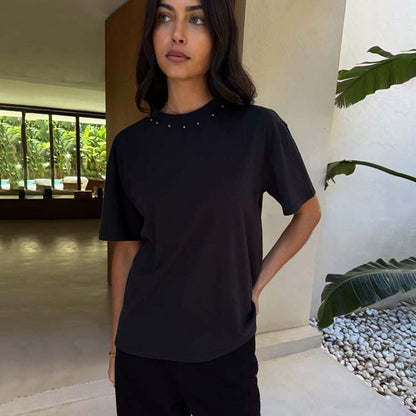 Black Studded T-Shirt, a statement staple in 100% cotton with silver neckline studs and a relaxed fit.