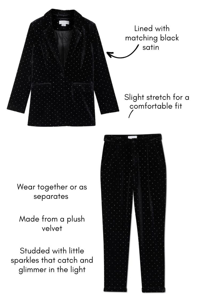Black velvet Quinn blazer and trouser co-ord with sparkle studs, satin lining and stretch material.