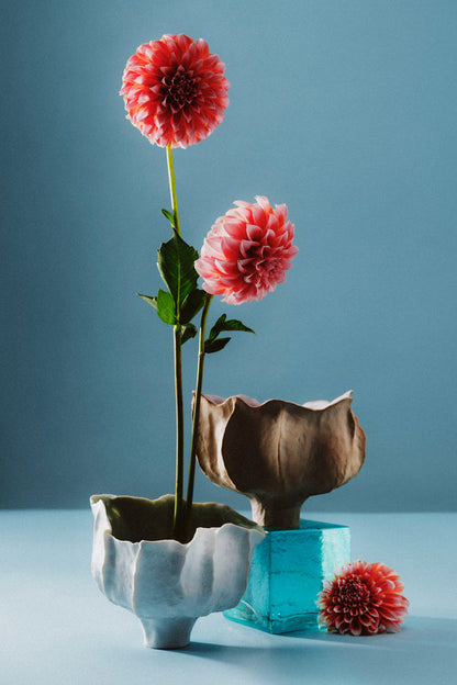 Artisan Stoneware Bloom Vessel with Pink Dahlias - Designer Flower Vessel Styled | Ulla Johnson