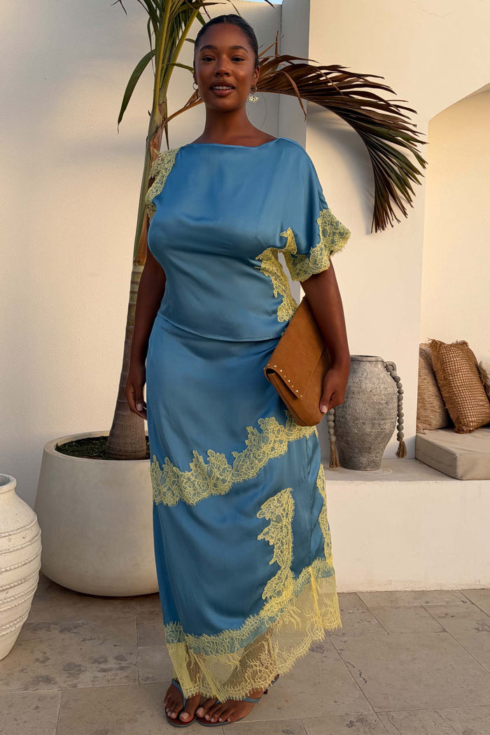 Blue and Lemon Kira Top with lemon lace and an asymmetric hem, styled as a co-ord with the matching skirt.