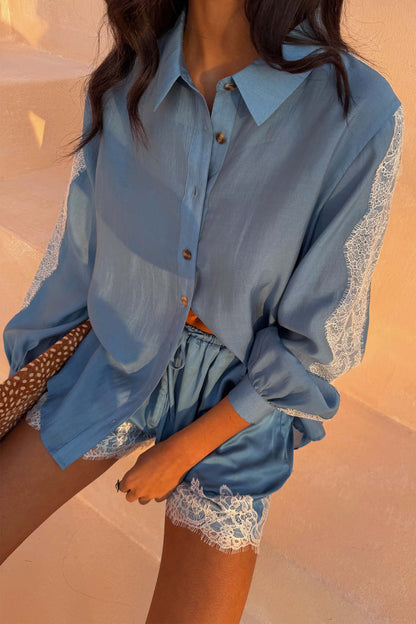 Blue Lace Marley Shirt with white lace sleeve panels and matching lace-trim shorts.