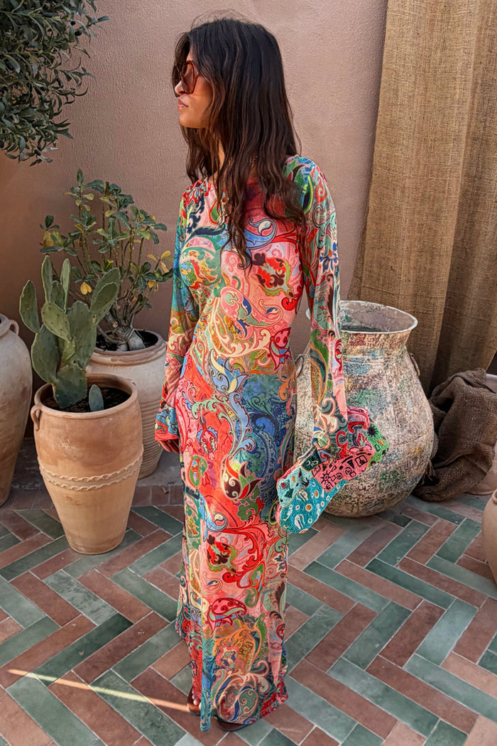 Blue Mari Aria Mesh Dress in a multi-coloured paisley print with long sleeves and a midaxi length.
