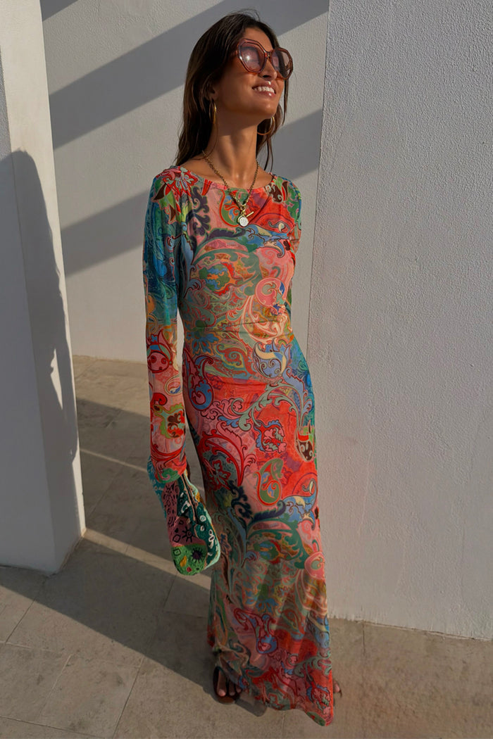 Blue Mari Aria Mesh Dress with a colourful paisley print and long sleeves in a sheer stretch mesh fabric.