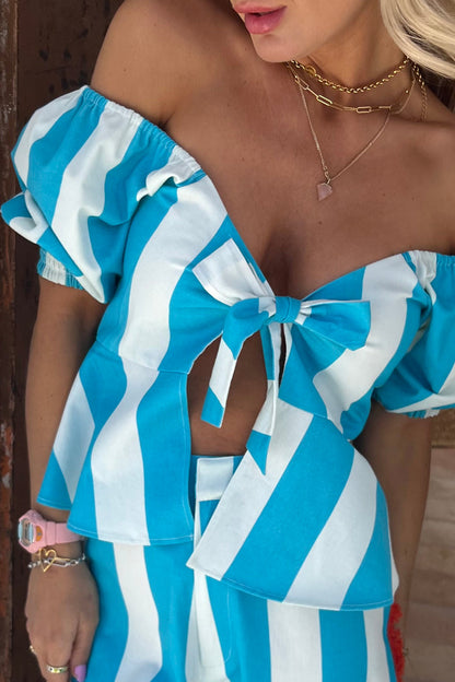 Blue Stripe Kiki Top with off-the-shoulder puffed sleeves and a front-tie peplum detail.