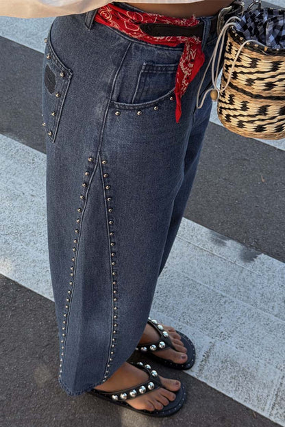 Blue Studded Barrel Jeans in dark blue denim with silver stud detailing along the side seams and pockets.
