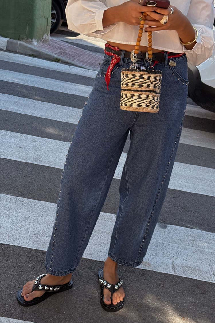 Blue Studded Barrel Jeans with silver side studs and a structured barrel leg, styled in a street style London look.