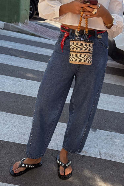 Blue Studded Barrel Jeans with silver side studs and a structured barrel leg, styled in a street style London look.