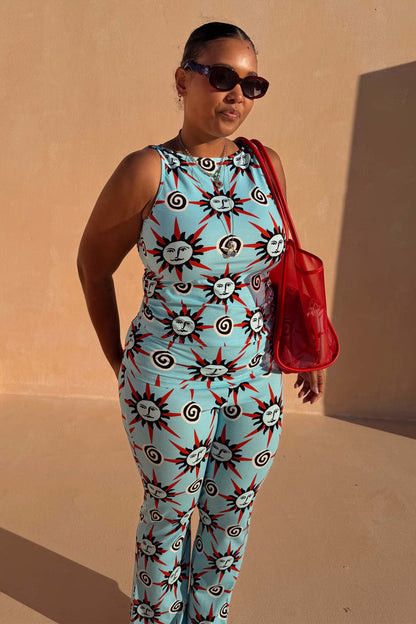 Blue Sun Tank Top in soft jersey with sun and swirl motifs, styled as a matching co-ord for inclusive sizing.