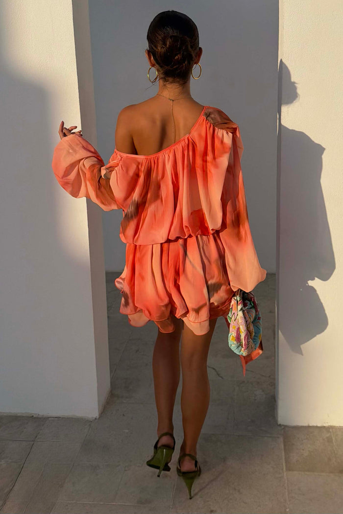 Peach orange Blurred Floral Ella Mini Dress with flute sleeves and ruffled tiers in a multi-wear off-shoulder look.