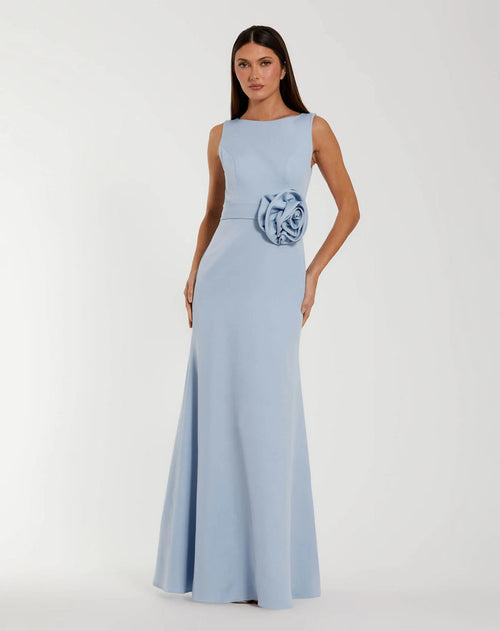 Blue Boat Neck Crepe A Line Gown With Flower Ieena for Mac Duggal