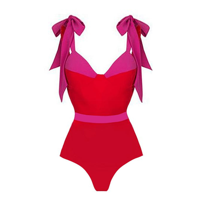 bow-strap contrast swimsuit with side-slit wrap skirt – RIBBON