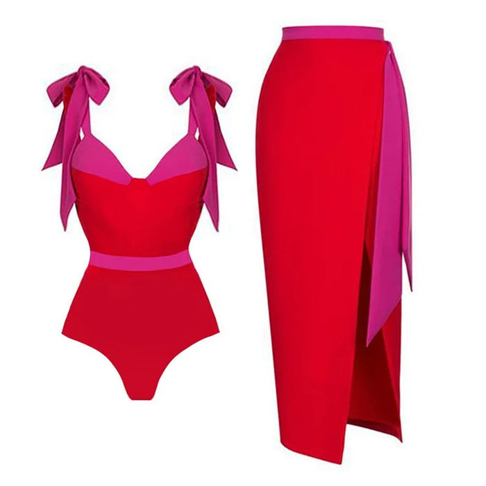 bow-strap contrast swimsuit with side-slit wrap skirt – RIBBON