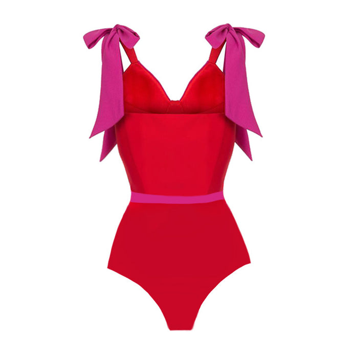 bow-strap contrast swimsuit with side-slit wrap skirt – RIBBON