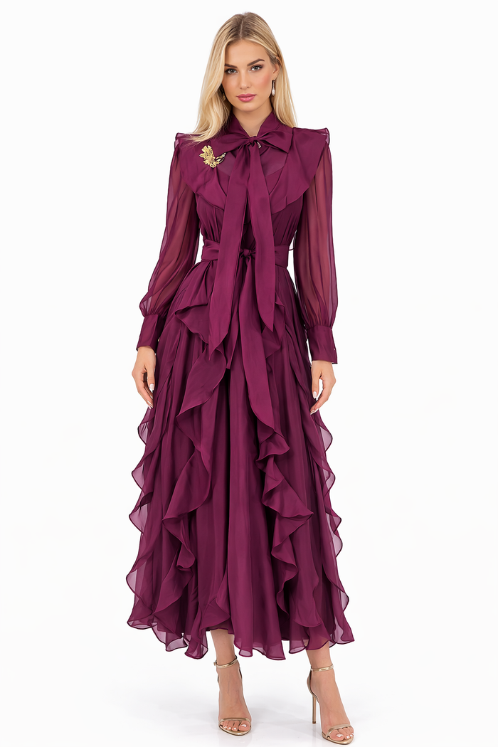 bow-tie chiffon ruffle maxi dress – ROYM