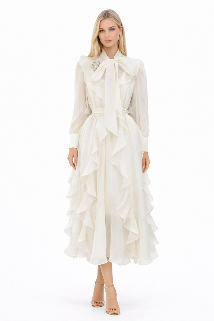 bow-tie chiffon ruffle maxi dress – ROYM