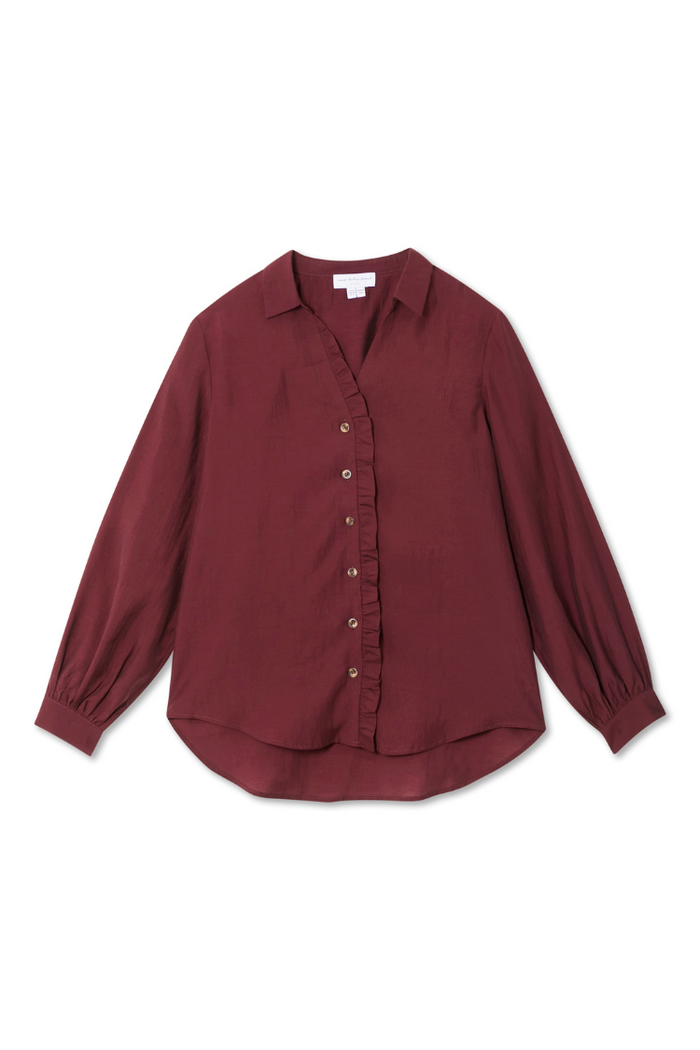 Burgundy Ruffle Miley Shirt in wine featuring blouson sleeves and ruffle detailing along tortoise buttons.