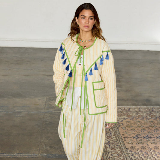 Butter Yellow Stripe Quilted Jacket with green trim and blue tassels, paired with matching co-ord trousers.