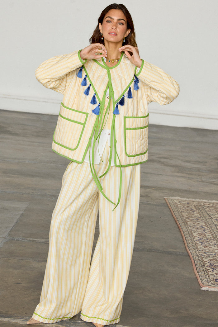 Butter Yellow Stripe Quilted Jacket with blue tassels and green trim, paired with matching trousers for a co-ord look.