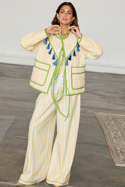 Butter Yellow Stripe Quilted Jacket with blue tassels and green trim, paired with matching trousers for a co-ord look.