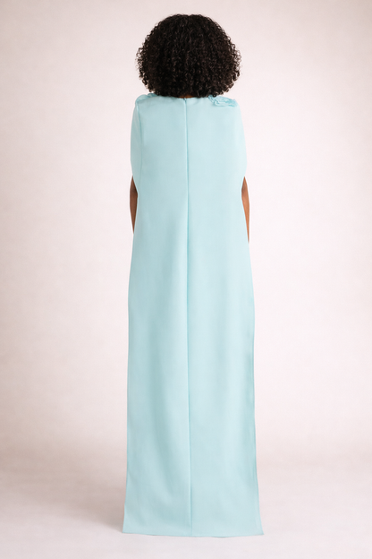 cape column dress with floral shoulder appliqué – CELESTIA