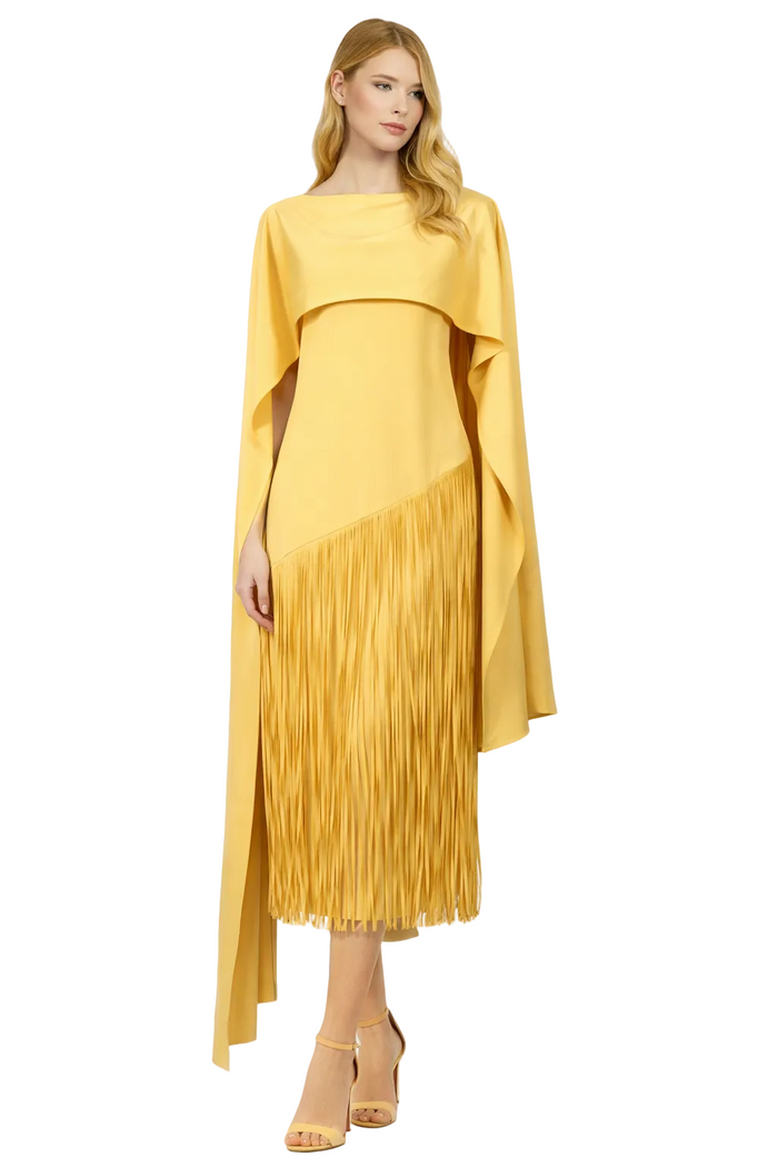cape-overlay midi dress with fringe skirt – SOLARA