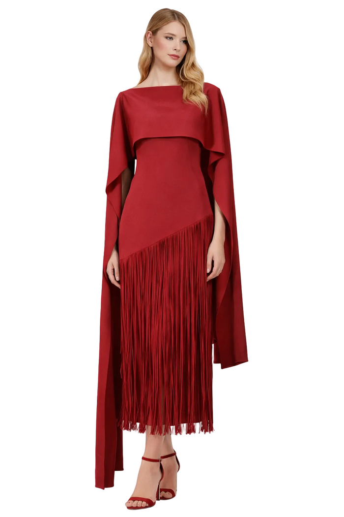 cape-overlay midi dress with fringe skirt – SOLARA