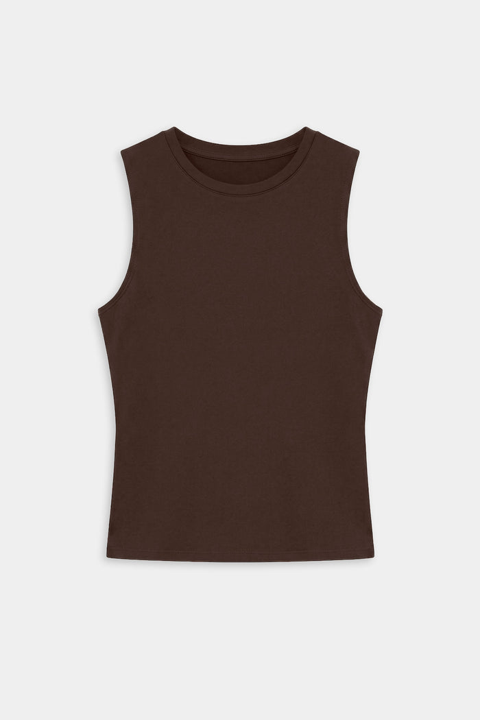 The SPLITS59 Carter Airweight Lite Tank in Dark Chocolate is a buttery soft, sleeveless top with a round neckline, shown flat on a white background.