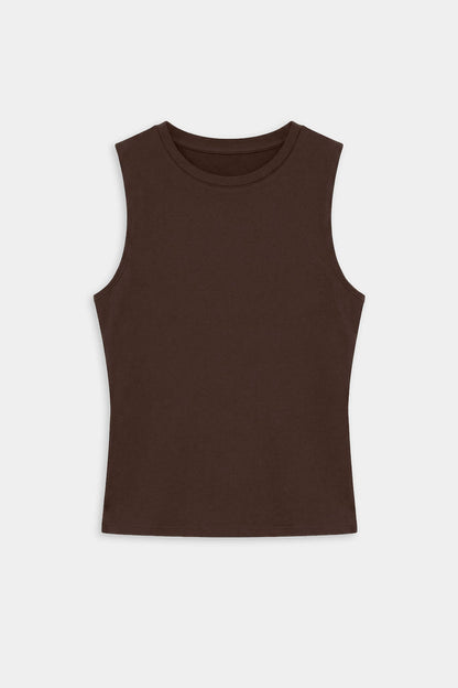 The SPLITS59 Carter Airweight Lite Tank in Dark Chocolate is a buttery soft, sleeveless top with a round neckline, shown flat on a white background.